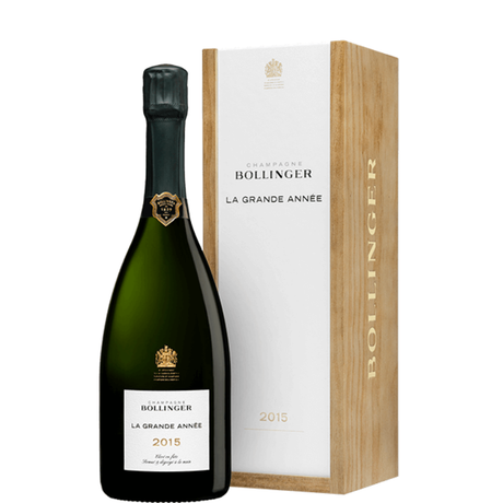 Fles Bollinger Grande Année 2015 met houten kist