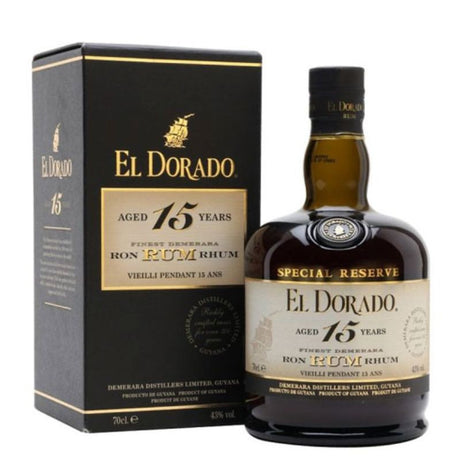 Fles El Dorado rum 15 jaar met koker